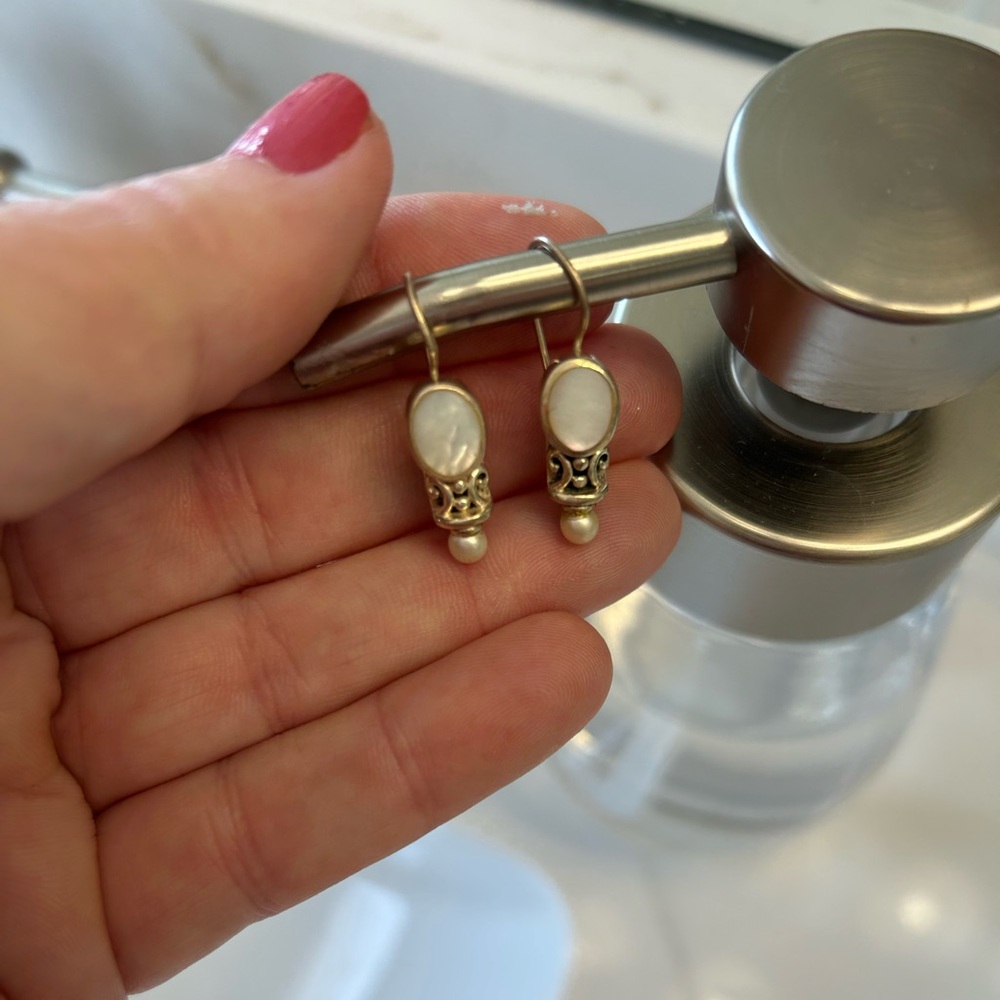 Elegant Sterling Silver and White Abalone with Pearl Dangle Earrings